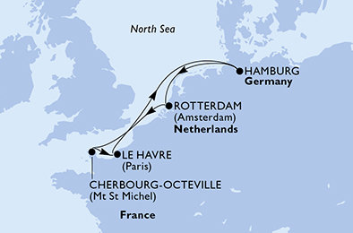 Francie, Nemecko, Holandsko z Le Havre na lodi MSC Preziosa