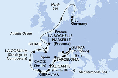 Francúzsko, Taliansko, Španielsko, Gibraltár, Francie, Nemecko z Marseille na lodi MSC Euribia