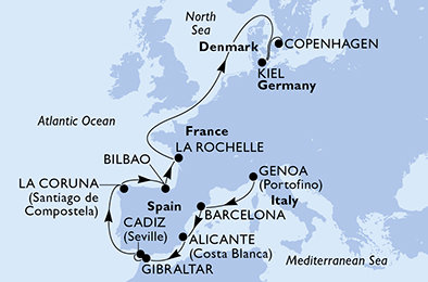 Taliansko, Španielsko, Gibraltár, Francie, Nemecko, Dánsko z Janova na lodi MSC Euribia