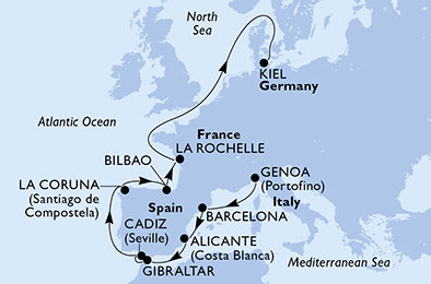 Taliansko, Španielsko, Gibraltár, Francie, Nemecko z Janova na lodi MSC Euribia