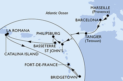Francúzsko, Španielsko, Maroko, Antigua a Barbuda, Svatý Martin, Svätý Krištof a Nevis, Dominikánska republika, Barbados, Martinik z Marseille na lodi MSC Opera