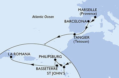 Francúzsko, Španielsko, Maroko, Antigua a Barbuda, Svatý Martin, Svätý Krištof a Nevis, Dominikánska republika z Marseille na lodi MSC Opera