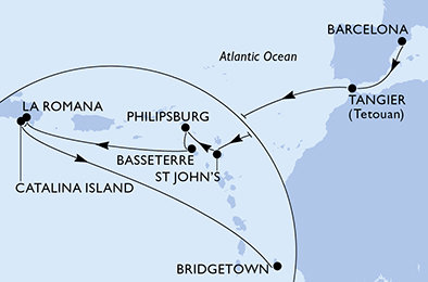 Španielsko, Maroko, Antigua a Barbuda, Svatý Martin, Svätý Krištof a Nevis, Dominikánska republika, Barbados z Barcelony na lodi MSC Opera