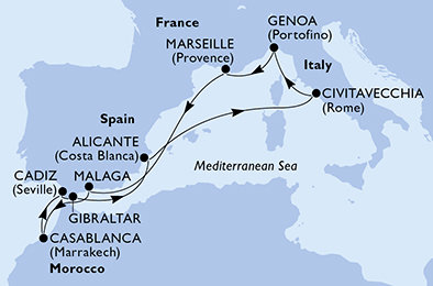 Taliansko, Francúzsko, Španielsko, Maroko, Gibraltár z Civitavechie na lodi MSC Sinfonia