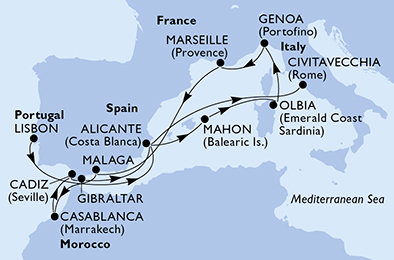 Portugalsko, Španielsko, Taliansko, Francúzsko, Maroko, Gibraltár z Lisabonu na lodi MSC Sinfonia
