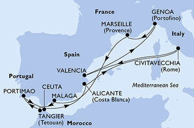 Taliansko, Španielsko, Francúzsko, Maroko, Portugalsko z Civitavechie na lodi MSC Sinfonia