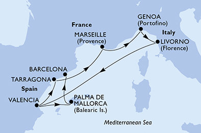 Španielsko, Tarragona, Francúzsko, Taliansko z Valencie na lodi MSC Sinfonia