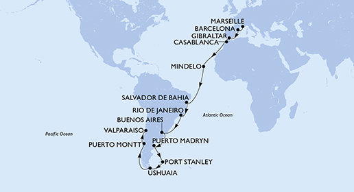 Francúzsko, Španielsko, Gibraltár, Maroko, Kapverdy, Brazília, Argentína, Zámořské území Velké Británie, Chile z Marseille na lodi MSC Magnifica