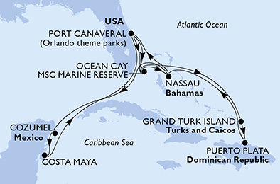 USA, Bahamy, Mexiko, Veľká Británia, Dominikánska republika z Port Canaveralu na lodi MSC World Atlantic
