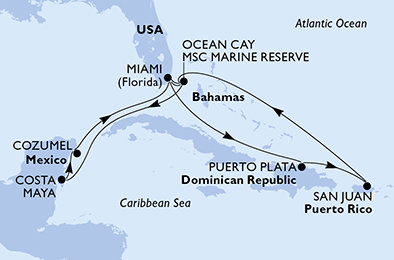 USA, Bahamy, Mexiko, Dominikánska republika z Miami na lodi MSC World America
