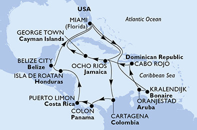 USA, Bonaire, Aruba, Dominikánska republika, Jamajka, Kajmanské ostrovy, Kolumbia, Panama, Kostarika, Honduras, Belize z Miami na lodi MSC Poesia