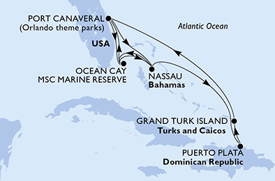 USA, Bahamy, Dominikánska republika, Veľká Británia z Port Canaveralu na lodi MSC Grandiosa