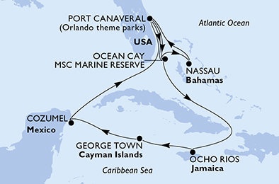 USA, Bahamy, Jamajka, Kajmanské ostrovy, Mexiko z Port Canaveralu na lodi MSC Grandiosa