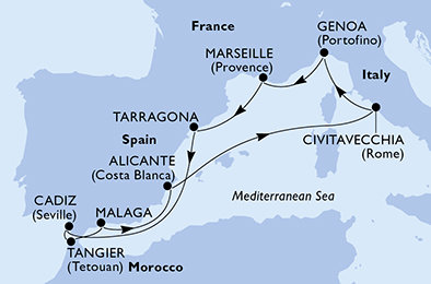 Tarragona, Španielsko, Maroko, Taliansko, Francúzsko z Tarragony na lodi MSC Magnifica