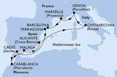 Tarragona, Španielsko, Maroko, Taliansko, Francúzsko z Tarragony na lodi MSC Magnifica