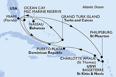 USA, Bahamy, Veľká Británia, Svatý Martin, Svätý Krištof a Nevis, Dominikánska republika z Miami na lodi MSC Seashore