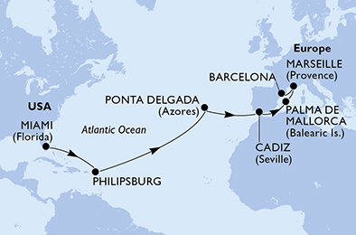 USA, Svatý Martin, Portugalsko, Španielsko, Francúzsko z Miami na lodi MSC Seashore