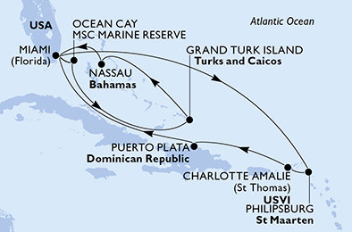 USA, Svatý Martin, Dominikánska republika, Bahamy, Veľká Británia z Miami na lodi MSC Seashore