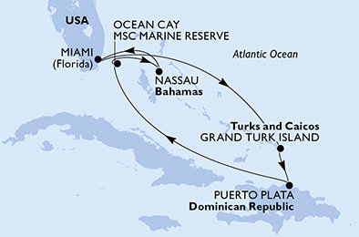 USA, Veľká Británia, Dominikánska republika, Bahamy z Miami na lodi MSC Seashore