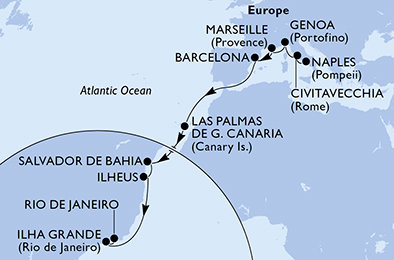Taliansko, Francúzsko, Španielsko, Brazília z Neapolu na lodi MSC Divina
