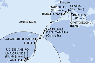 Taliansko, Francúzsko, Španielsko, Brazília z Neapola na lodi MSC Divina