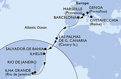 Taliansko, Francúzsko, Španielsko, Brazília z Civitavechie na lodi MSC Divina