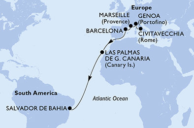 Taliansko, Francúzsko, Španielsko, Brazília z Civitavechie na lodi MSC Divina