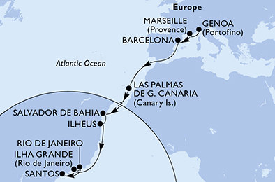 Taliansko, Francúzsko, Španielsko, Brazília z Janova na lodi MSC Divina