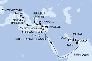 Taliansko, Grécko, Turecko, Cyprus, Egypt, Omán, Katar, Spojené arabské emiráty z Civitavechie na lodi MSC World Europa