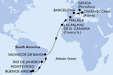 Taliansko, Španielsko, Brazília, Uruguaj, Argentína z Janova na lodi MSC Splendida