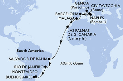 Taliansko, Španielsko, Brazília, Uruguaj, Argentína z Neapola na lodi MSC Splendida