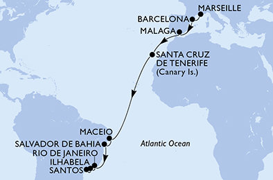 Francúzsko, Španielsko, Brazília z Marseille na lodi MSC Virtuosa