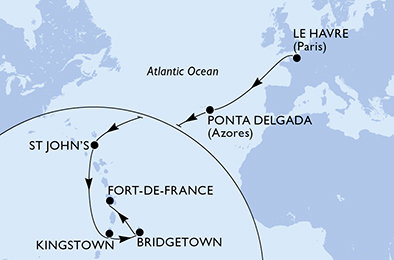 Francie, Portugalsko, Antigua a Barbuda, Svätý Vincent a Grenadiny, Barbados, Martinik z Le Havre na lodi MSC Meraviglia