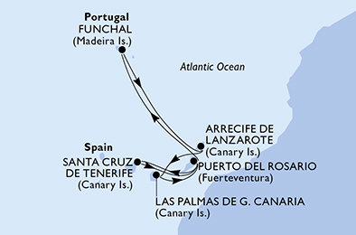 z Lanzarote, Španielsko, Portugalsko z Lanzarote na lodi MSC Fantasia