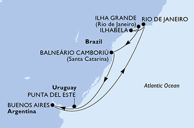 Argentína, Brazília, Uruguaj z Buenos Aires na lodi MSC Splendida