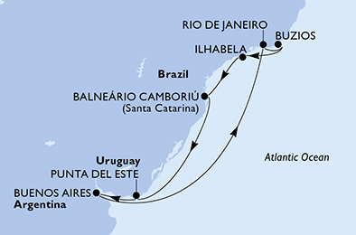 Argentína, Brazília, Uruguaj z Buenos Aires na lodi MSC Splendida