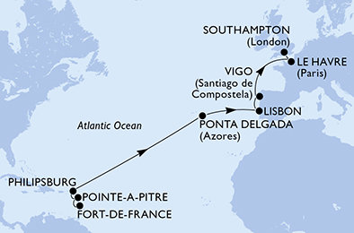 Martinik, Guadeloupe, Svatý Martin, Portugalsko, Španielsko, Francie, Veľká Británia z Fort de France na lodi MSC Meraviglia