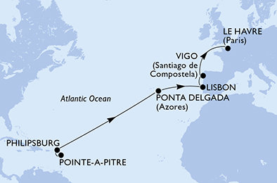 Guadeloupe, Svatý Martin, Portugalsko, Španielsko, Francie z Pointe-à-Pitre na lodi MSC Meraviglia