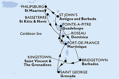 Barbados, Svätý Vincent a Grenadiny, Grenada, Martinik, Guadeloupe, Antigua a Barbuda, Svatý Martin, Svätý Krištof a Nevis, Dominika z Bridgetownu na lodi MSC Meraviglia