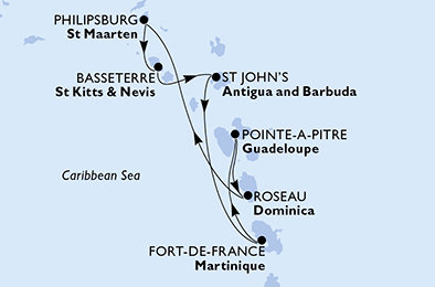 Guadeloupe, Dominika, Svatý Martin, Svätý Krištof a Nevis, Antigua a Barbuda, Martinik z Pointe-à-Pitre na lodi MSC Meraviglia