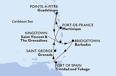 Guadeloupe, Svätý Vincent a Grenadiny, Barbados, Trinidad a Tobago, Grenada, Martinik z Pointe-à-Pitre na lodi MSC Meraviglia