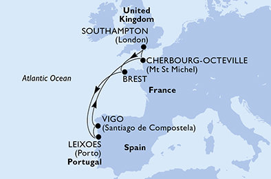 Veľká Británia, Francie, Portugalsko, Španielsko zo Southamptonu na lodi MSC Meraviglia