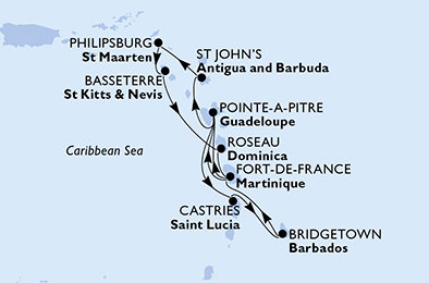Barbados, Martinik, Guadeloupe, Antigua a Barbuda, Svatý Martin, Svätý Krištof a Nevis, Dominika, Svätá Lucia z Bridgetownu na lodi MSC Meraviglia