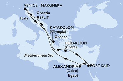 Chorvátsko, Taliansko, Grécko, Egypt zo Splitu na lodi MSC Lirica
