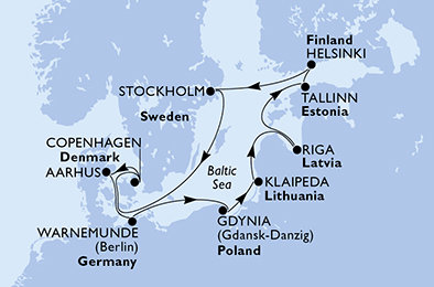 Nemecko, Poľsko, Litva, Lotyšsko, Estónsko, Fínsko, Švédsko, Dánsko z Warnemünde na lodi MSC Magnifica