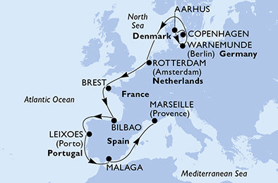 Dánsko, Nemecko, Holandsko, Francie, Španielsko, Portugalsko, Francúzsko z Kodaně na lodi MSC Magnifica