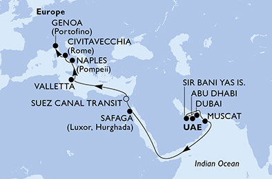 Spojené arabské emiráty, Omán, Egypt, Malta, Taliansko z Dubaja na lodi MSC World Europa