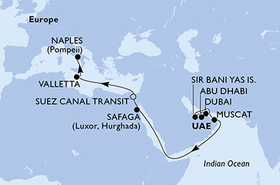 Spojené arabské emiráty, Omán, Egypt, Malta, Taliansko z Dubaja na lodi MSC World Europa