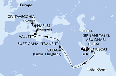 Katar, Spojené arabské emiráty, Omán, Egypt, Malta, Taliansko z Dohy na lodi MSC World Europa