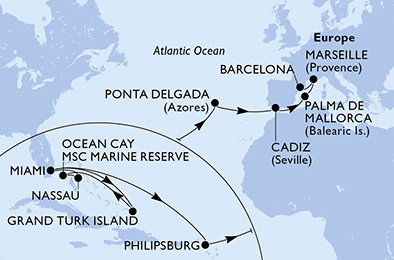 USA, Veľká Británia, Bahamy, Svatý Martin, Portugalsko, Španielsko, Francúzsko z Miami na lodi MSC Seashore